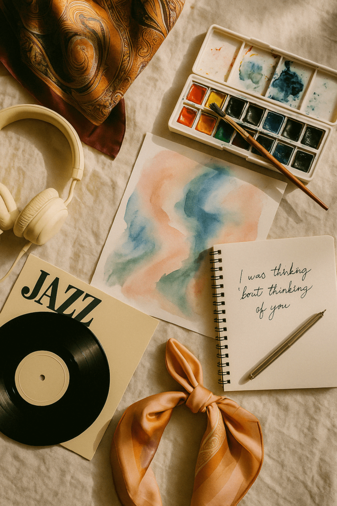 A cozy flat lay of an artist’s workspace featuring an open journal, a ceramic mug with a warm drink, delicate flowers, and scattered paintbrushes on a wooden table bathed in soft natural light.