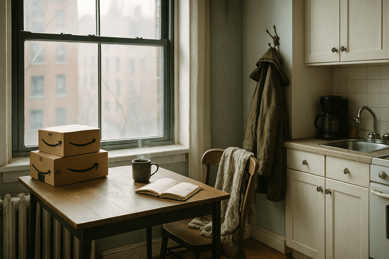 A moody New York apartment in winter. A table by the window holds two unopened Amazon boxes, a steaming mug, and an open journal. A green army coat hangs nearby, with soft natural light pouring in.