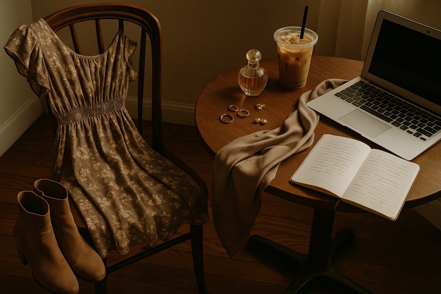 A cozy flat lay featuring a brown floral dress draped over a wooden chair, suede boots on the floor, and a round table holding vintage jewelry, a silk scarf, iced coffee, a laptop, and an open notebook. The lighting is soft and warm, evoking a quiet morning spent writing.
