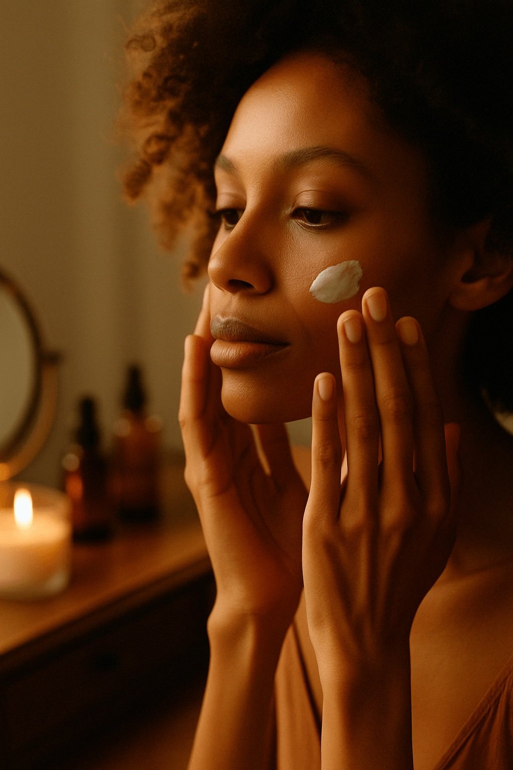 A close-up of a Black woman with curly afro hair gently applying moisturizer to her cheek. Golden candlelight glows in the background, creating an intimate, self-care atmosphere.