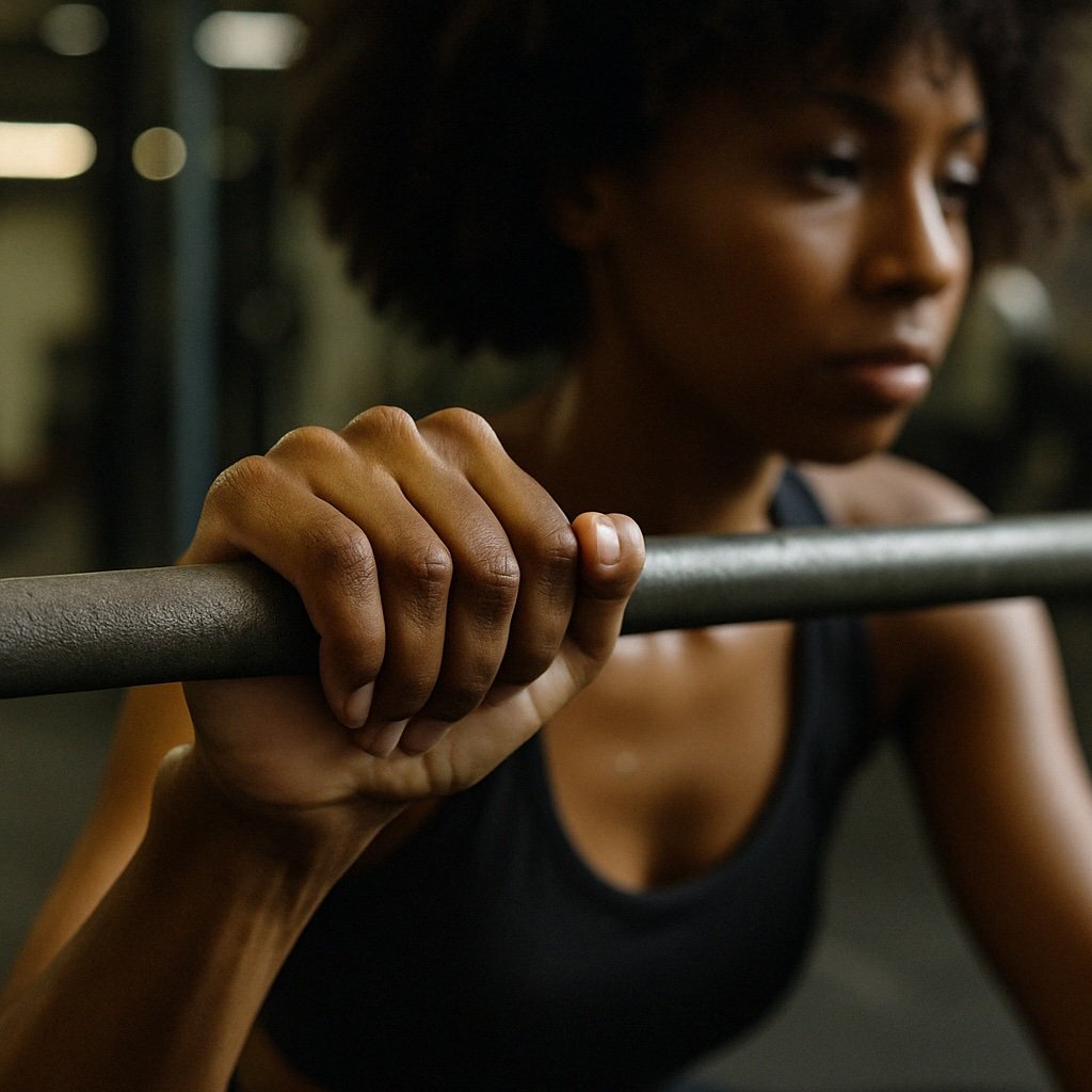 A focused gym moment showing a Black woman’s hand gripping a cold metal bar. She’s wearing a black sports bra and her expression in the background is blurred but determined.