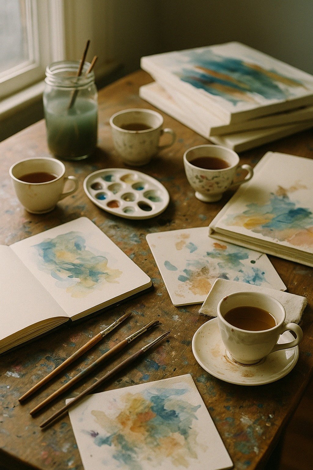 A paint-splattered wooden table filled with watercolor paintings, teacups, paintbrushes, and a mason jar of cloudy water. Light streams in through the window, capturing the beauty of the creative process.