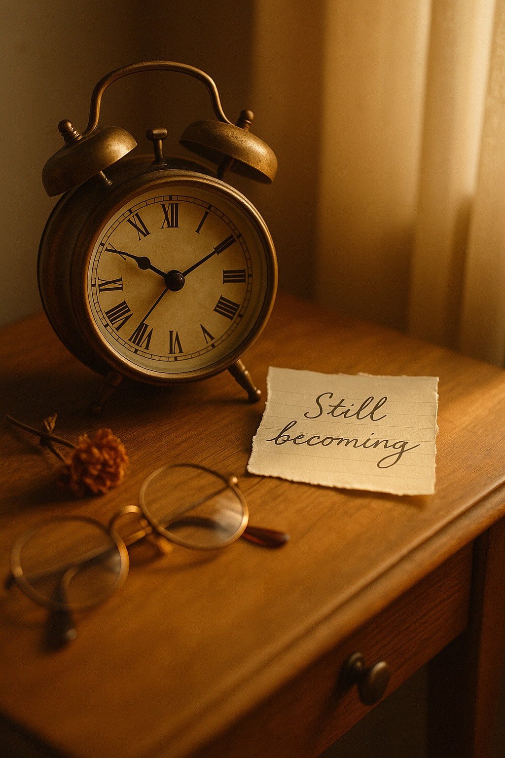 A vintage brass alarm clock sits on a wooden nightstand next to a handwritten note reading ‘Still becoming.’ A pair of gold-framed glasses and a dried flower complete the softly lit, nostalgic scene.