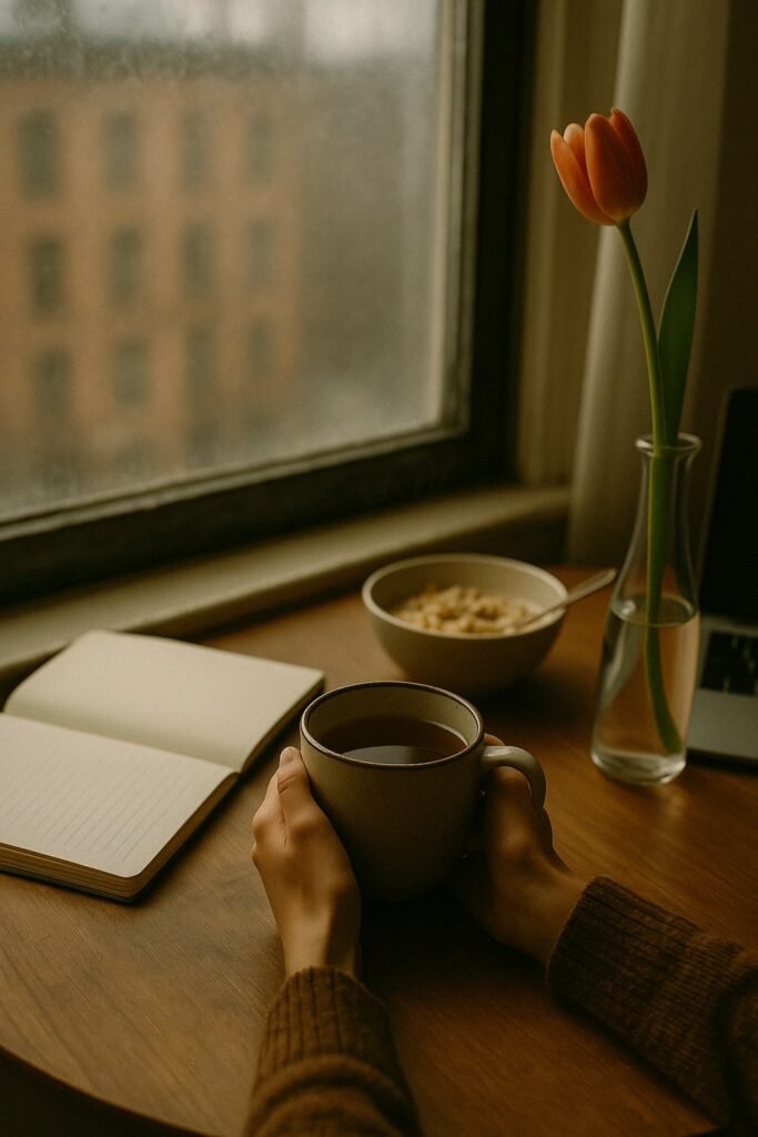 A moody winter morning scene showing hands cradling a cup of tea by a foggy window. On the wooden table sit an open notebook, a closed laptop, an untouched breakfast bowl, and a vase holding a single tulip. The light is soft and warm, contrasting the cold, gray view outside. The atmosphere feels intimate, introspective, and emotionally tender.