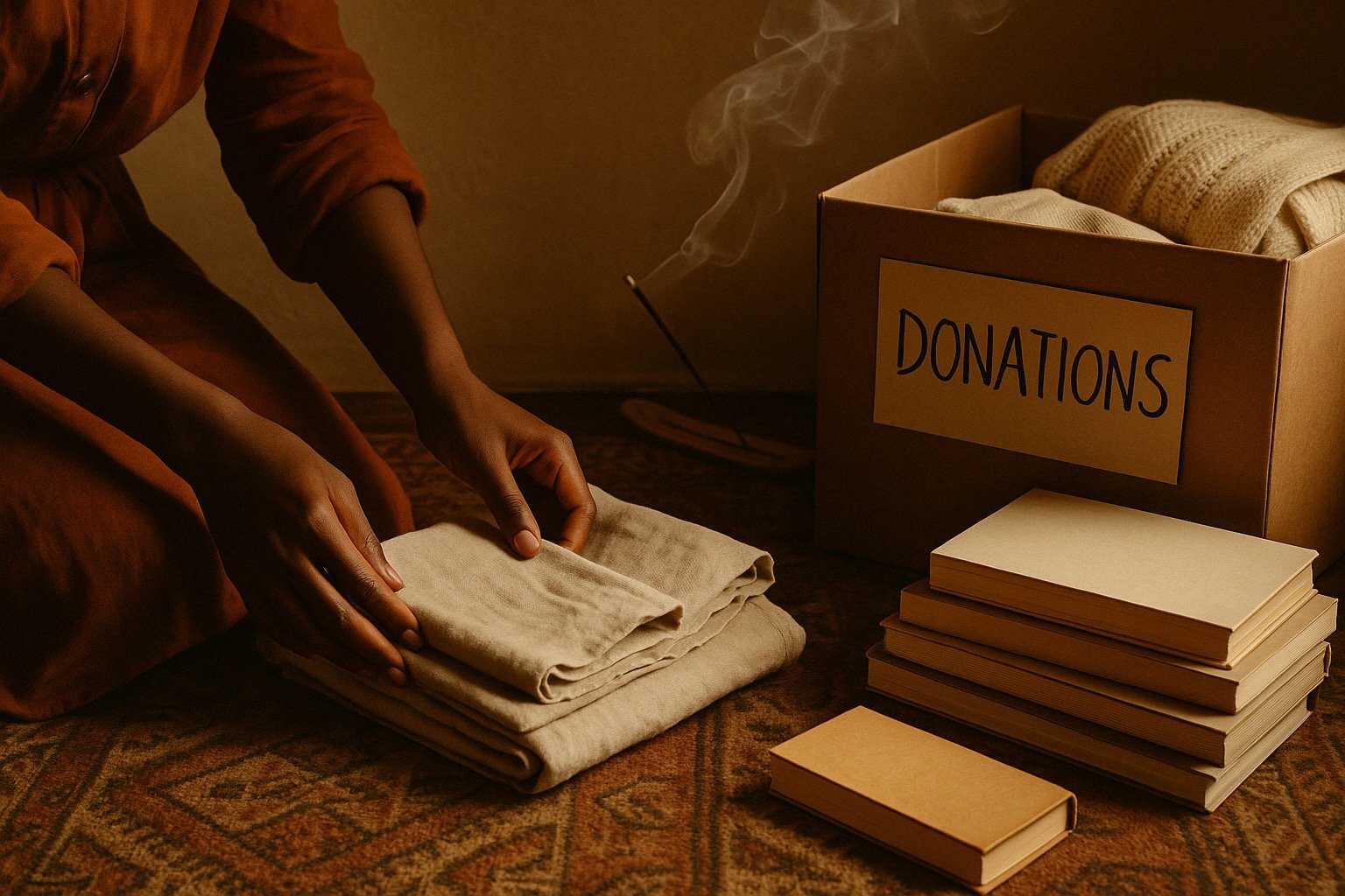 A warm, textured photo of a woman folding linen beside a donation box labeled "Donations." Neatly stacked books sit to the side, and incense smoke curls into the air, creating a calm, intentional atmosphere.