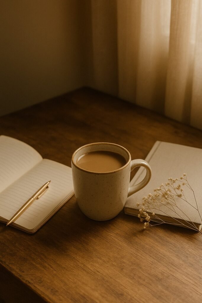 A softly lit wooden table at golden hour, featuring a steaming mug of coffee, an open journal with handwritten notes, and a half-eaten breakfast bowl—evoking a calm, reflective morning atmosphere.