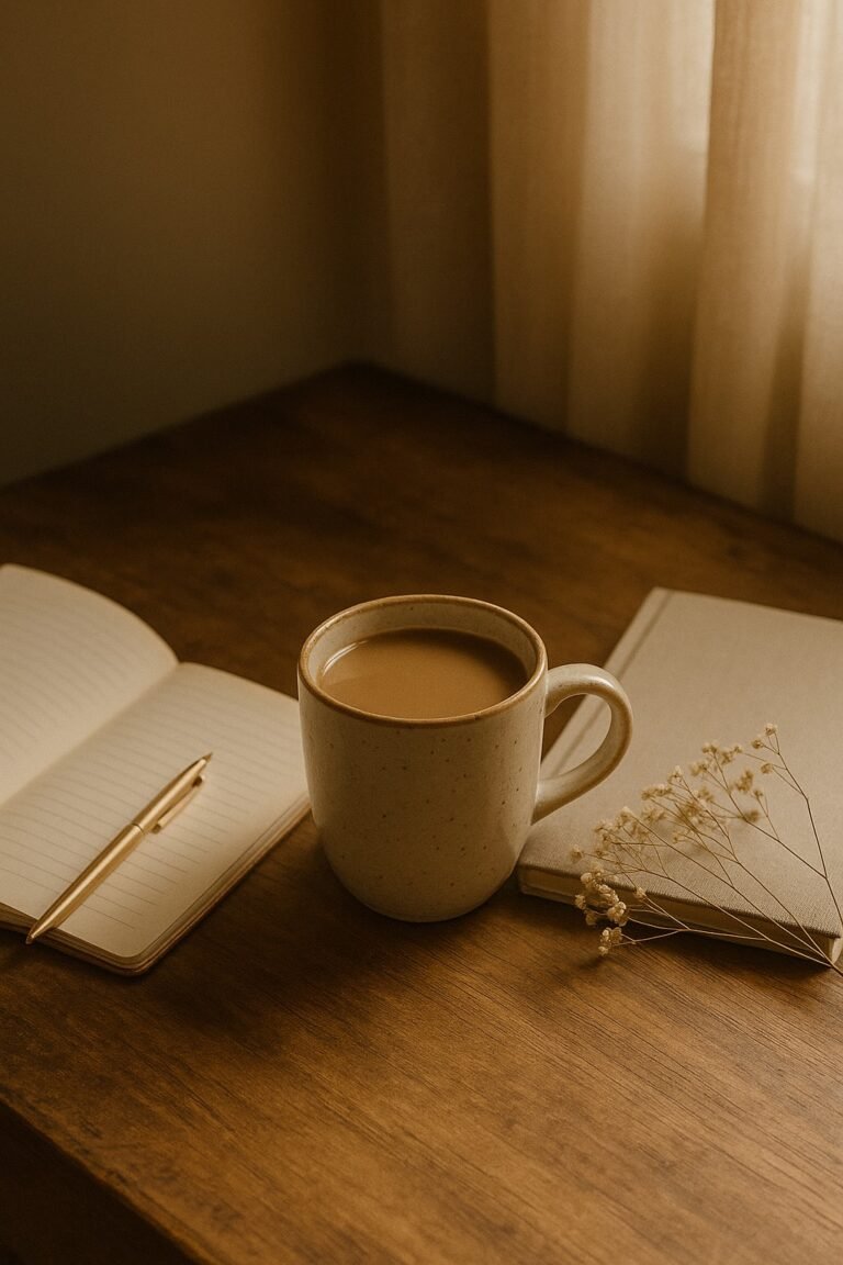 A softly lit wooden table at golden hour, featuring a steaming mug of coffee, an open journal with handwritten notes, and a half-eaten breakfast bowl—evoking a calm, reflective morning atmosphere.