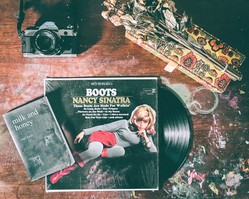 Aesthetic flay lay of poetry book, dried flowers, record, and film camera. Represents the bohemian lifestyle. 