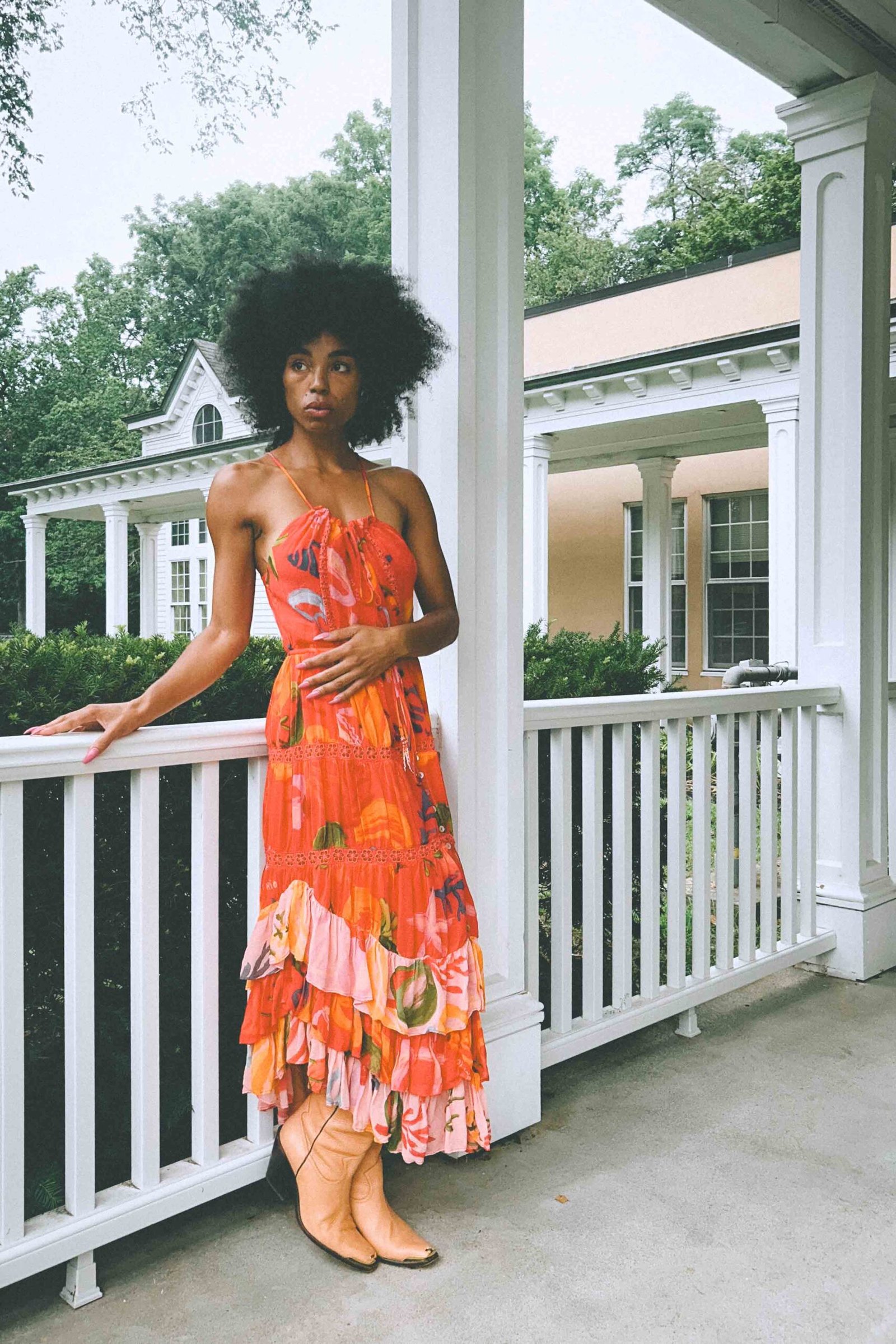 Tiered orange floral Farm Rio maxi dress with ruffles and cowboy boots, Inside My Closet bohemian outfit.