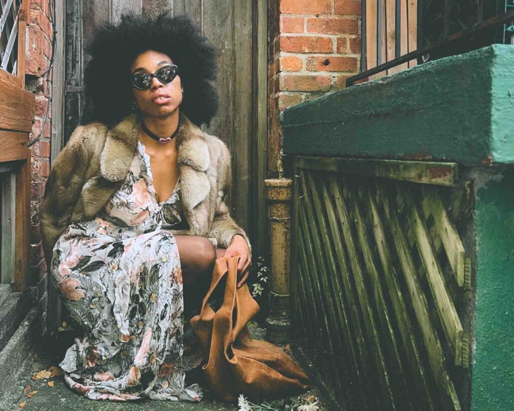 Inside My Closet fall look — thrifted vintage fur coat layered over floral maxi dress. Boho luxe autumn style photographed in Westchester, New York for The Bohemian Bungalow.