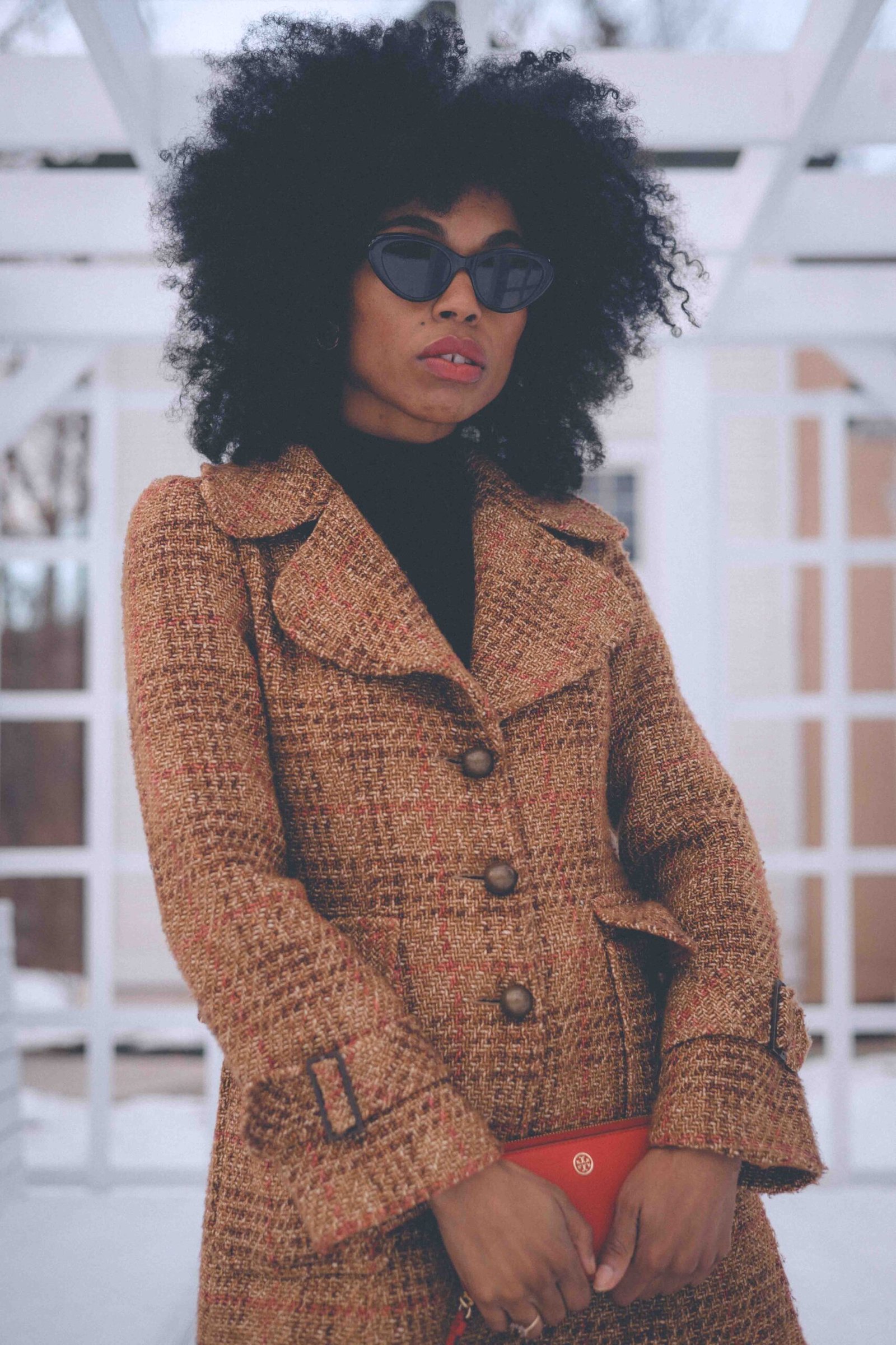 Found inside my closet, a structured wool tweed winter coat with tailored waist and statement buttons, styled for cold-weather dressing