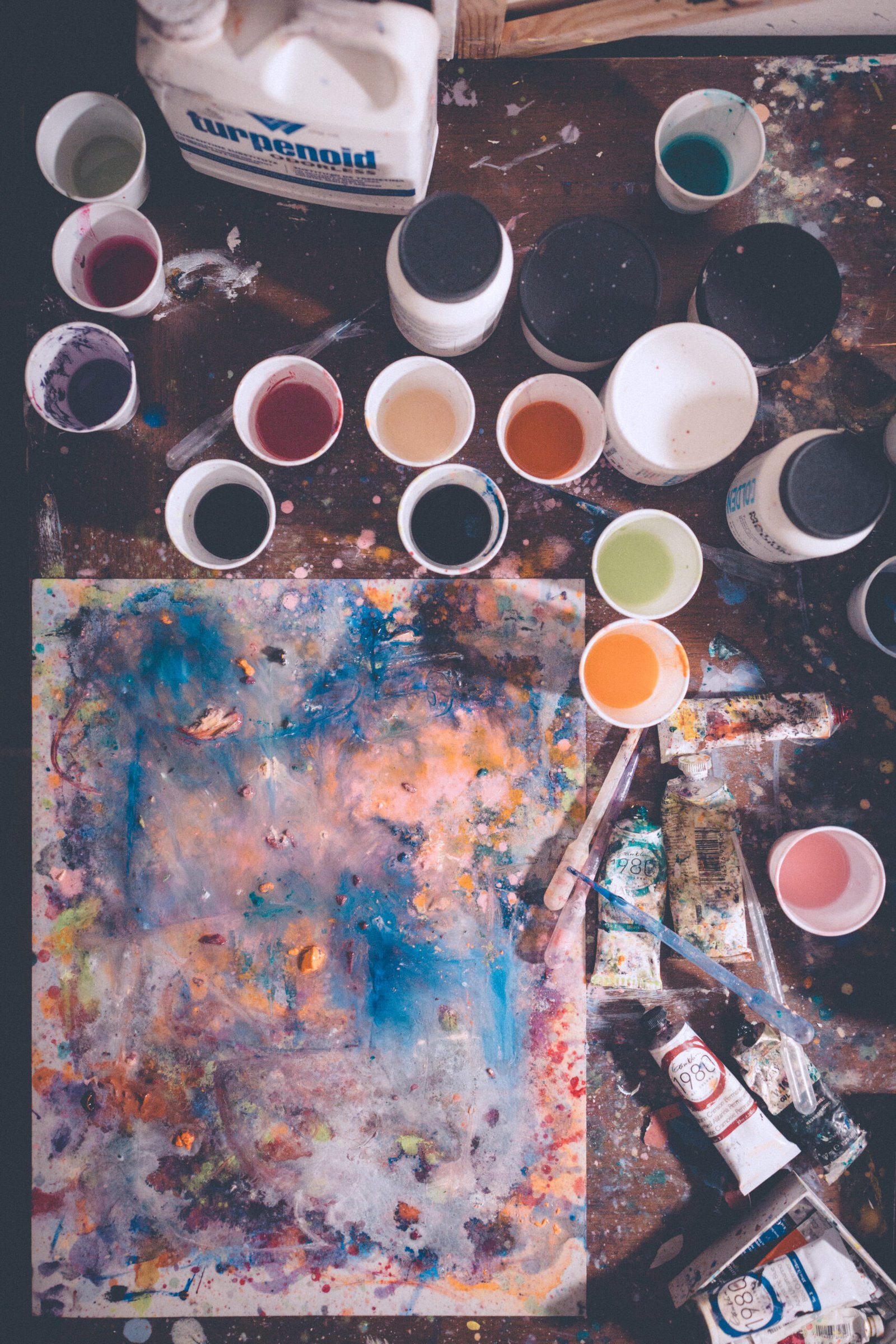 Abstract expressionist painting work in progress, capturing painting as therapy through layered color, movement, and emotional release.