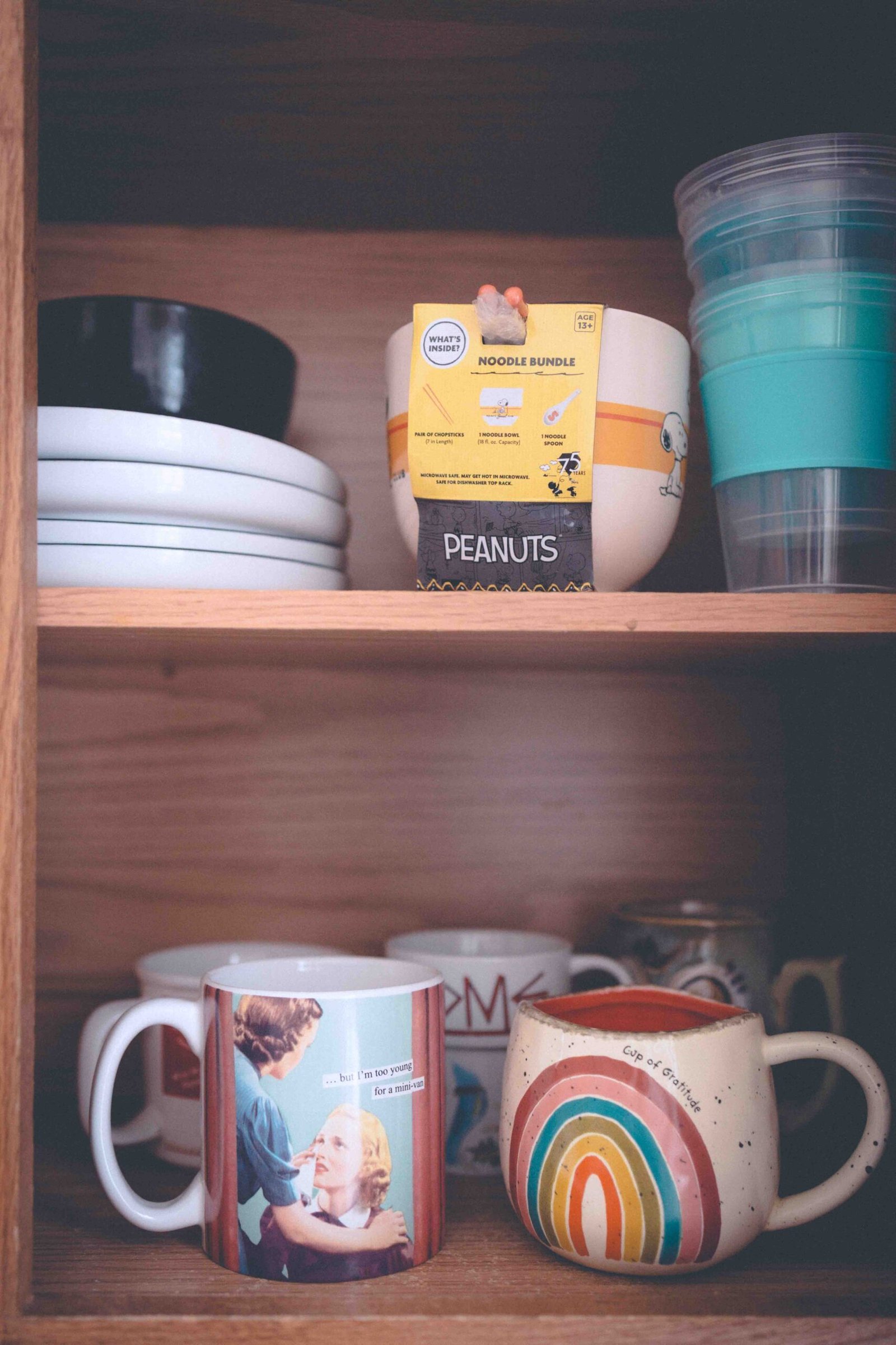 Thrifted mug collection displayed on a wooden shelf, reflecting a morning coffee ritual and creative living at home.