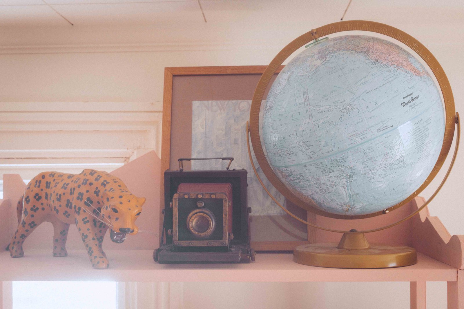 Vintage globe and antique camera styled on a bookshelf in a cozy bohemian apartment